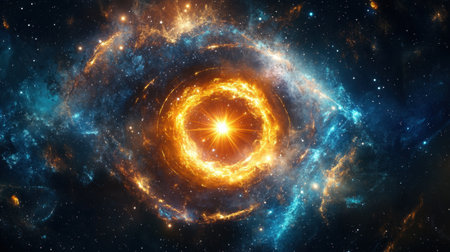Sparks fly in a spinning motion around a flashing star, creating a beautiful circle of light and particles in mid-airの素材