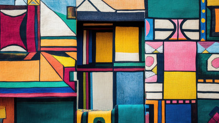 Vibrant Ndebele art patterns in a traditional South African textile, featuring colorful geometric shapes that reflect heritage and craftsmanship.の素材