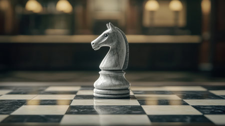 White marble knight chess piece on a game board, poised for strategic moves in a match.の素材