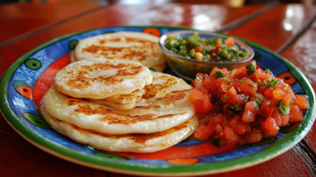Traditional Salvadoran pupusas served on a colorful plate with curtido and tomato salsa, a vibrant display of culture.の素材