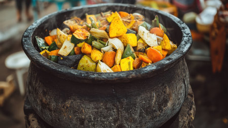 Vegetable stew in a rustic pot, with a variety of colorful ingredients, representing a hearty and nutritious vegetarian mealの素材