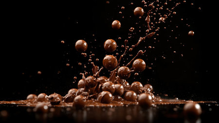 A burst of chocolate balls tumbling down, with splashes and droplets frozen against a sleek black background, highlighting their rich texture.の素材