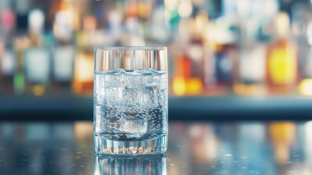 A crystal-clear glass of water on a sleek bar counter, with a soft-focus background of colorful liquor bottles.の素材