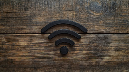 A black wifi symbol placed on a rustic wooden table, with the background softly blurred for a modern, minimalist feelの素材