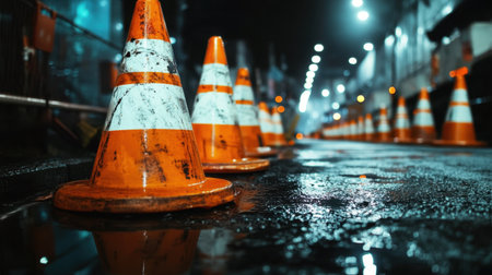 A close-up of orange and white traffic cones on a street, perfect for highlighting road safety or construction projects.の素材