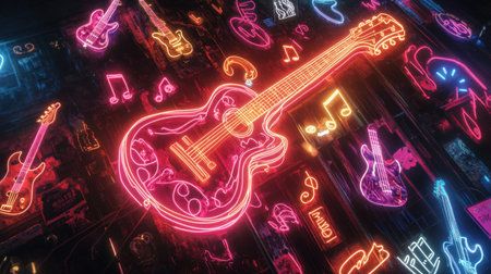 A neon sign featuring guitars and musical notes, with sound waves rippling out, set against a backdrop of vintage concert posters.の素材