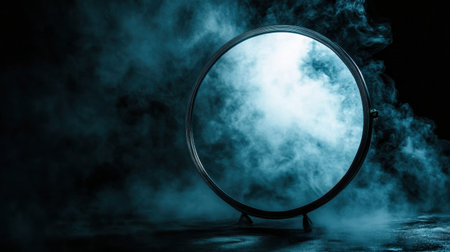 A round mirror reflecting light, set against a black background with smoky vapor rising around it, creating a haunting atmosphere.の素材