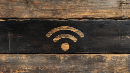 A black wifi symbol placed on a rustic wooden table, with the background softly blurred for a modern, minimalist feelの素材