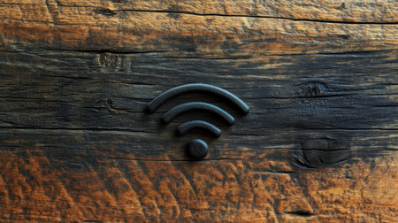 A black wifi symbol placed on a rustic wooden table, with the background softly blurred for a modern, minimalist feelの素材