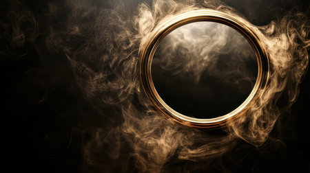 A round mirror on a black background, surrounded by soft swirling smoke, creating a mysterious and reflective atmosphere.の素材