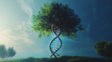 A majestic tree with a DNA helix-shaped trunk, symbolizing the evolution of life and growthの素材