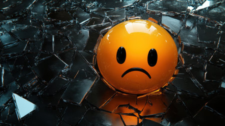 A sad emoticon emoji sits against a backdrop of shattered black glass, symbolizing emotional fragility and brokenness.の素材