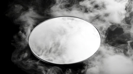 A round mirror on a black background, surrounded by soft swirling smoke, creating a mysterious and reflective atmosphere.の素材