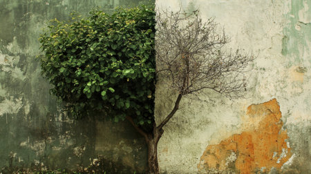 A tree stands divided--one side vibrant with green foliage, the other decaying, highlighting two possible urban environmental futures.の素材