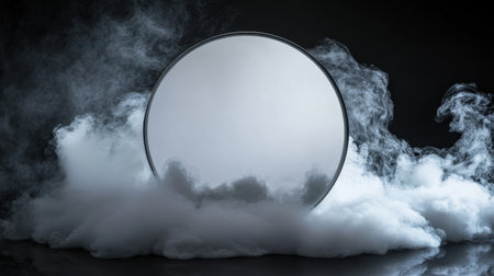 A round mirror on a black background, surrounded by soft swirling smoke, creating a mysterious and reflective atmosphere.の素材