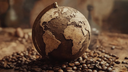 A textured globe surrounded by coffee beans, symbolizing the global trade of coffee, with a rustic, earthy color palette.の素材