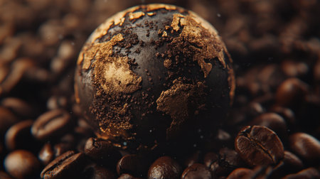 A textured globe surrounded by coffee beans, symbolizing the global trade of coffee, with a rustic, earthy color palette.の素材