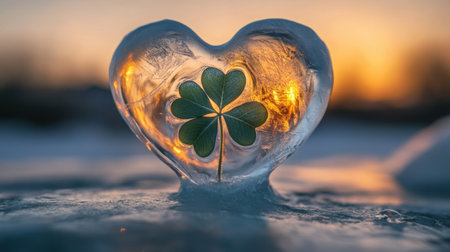 A heart-shaped ice block with a four-leaf clover frozen inside, shimmering in the cold light, symbolizing luck and love.の素材