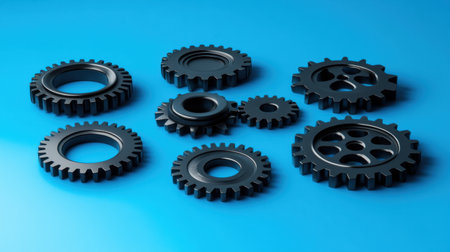 A mechanical arrangement of gears in black and blue, floating over a blue backdrop, representing the concept of automation.の素材