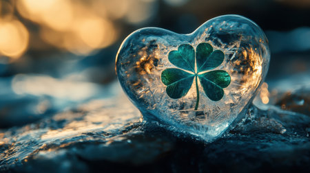 Close-up of a heart-shaped ice block with a green four-leaf clover frozen within, sparkling and reflecting light.の素材