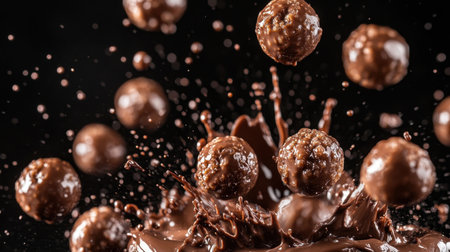 A burst of chocolate balls tumbling down, with splashes and droplets frozen against a sleek black background, highlighting their rich texture.の素材