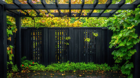 Artistic view of a wooden fence with black posts and trellises, offering a contrast between natural and modern elements.の素材