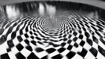 Abstract top view of black and white patterns in rippling water on a sunny day, creating a dynamic visual effect.の素材