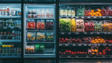 A well-stocked refrigerator with products in transparent containers on the shelf, suggesting freshness and organization.の素材