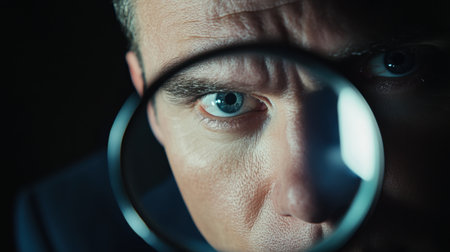 A close-up of a man examining something through a magnifying glass, his face and eye magnified with a serious expression.の素材