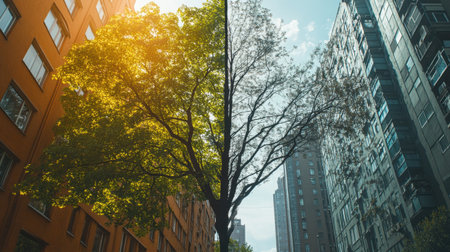 City landscape split by a tree showing two futures: thriving greenery vs. decayed, bare branches.の素材