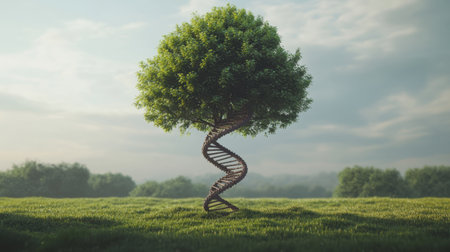 A tree with a unique trunk shaped like a DNA helix, symbolizing the interconnectedness of nature and science.の素材