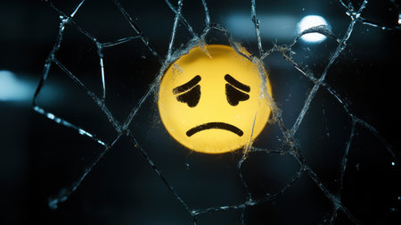 Broken glass with a sad emoticon emoji in the center, reflecting themes of loss and emotional devastation.の素材