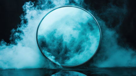 Circular mirror on a dark background, with smoke swirling around its edges, reflecting light and mystery.の素材