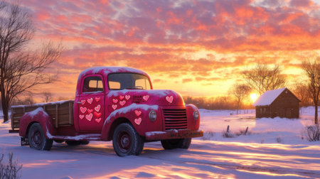 A red and pink truck, adorned with Valentine hearts, drives through a snowy countryside as the sun sets.の素材