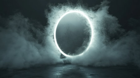 Circular mirror on a dark background, with smoke swirling around its edges, reflecting light and mystery.の素材