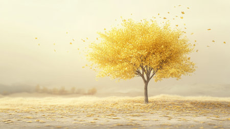 Enchanting golden tree in the middle of an autumn landscape, its leaves glowing in the soft sunlight, with fallen leaves on the ground.の素材