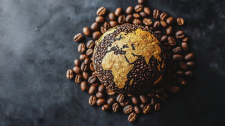 A textured globe surrounded by coffee beans, symbolizing the global trade of coffee, with a rustic, earthy color palette.の素材
