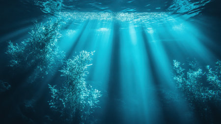 A serene underwater scene with soft turquoise neon lights illuminating seaweed, casting an ethereal glow in deep blue waters.の素材
