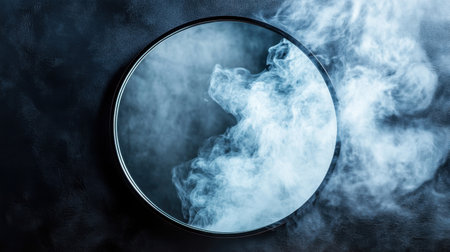 Circular mirror on a dark background, with smoke swirling around its edges, reflecting light and mystery.の素材