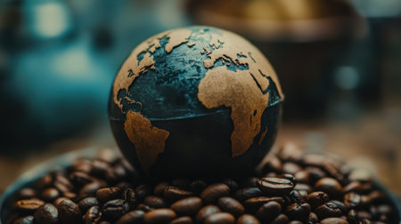 Coffee beans circling a textured earth globe, representing global trade and the coffee industry worldwide impact.の素材