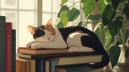 Close-up of a cat sleeping on top of a stack of books, with soft sunlight filtering through a window in a tranquil roomの素材