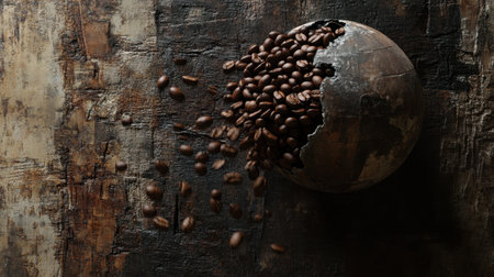 Coffee beans spilling over a textured globe, representing the international coffee trade and global connection.の素材