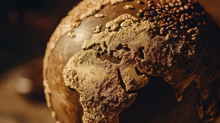 Earth globe made of coffee beans, symbolizing the global coffee trade, with rich brown tones and natural textures.の素材
