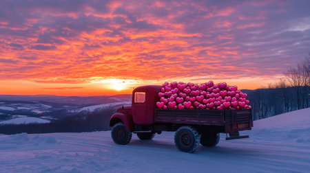Decorated truck full of Valentine hearts in red and pink driving through a snowy field at sunset.の素材