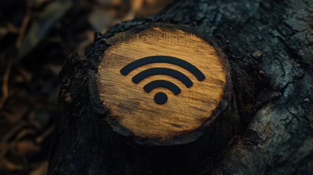 Black wifi signal icon on wood with a soft-focus background, symbolizing connectivity in a natural setting.の素材