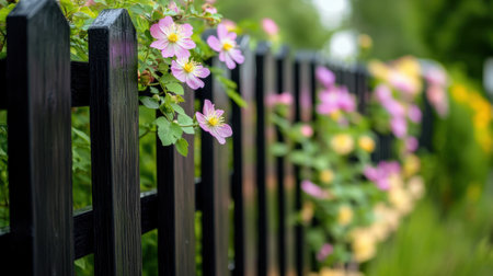 Close-up of a wooden fence with sleek black posts and trellises, combining traditional and contemporary design.の素材