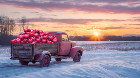 Decorated truck full of Valentine hearts in red and pink driving through a snowy field at sunset.の素材