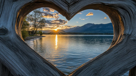 Early morning sunrays glisten on a peaceful lake, seen through a heart-shaped frame, with distant mountains in view.の素材