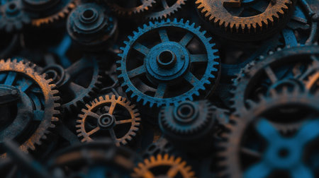 An artistic display of black and blue gears against a blue backdrop, symbolizing the precision and harmony of automation.の素材