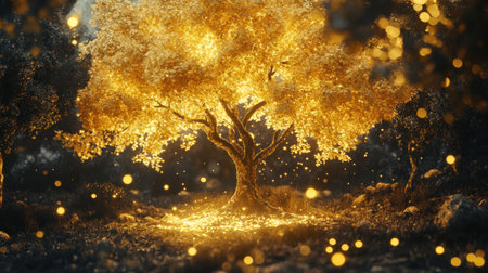 Enchanting golden tree in an autumn forest, the leaves glowing under the sunlight, creating a warm and magical atmosphere.の素材